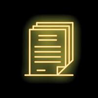 Yellow neon icon of documents with folded corner on black background vector