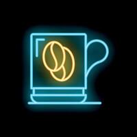 Neon sign showing a coffee cup with coffee beans on black background vector
