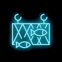 Glowing neon line fishing net with fish icon isolated on black background. illustration vector