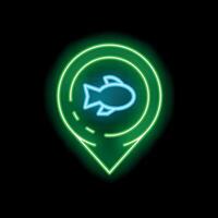 Neon green pin pointing fish restaurant location on black background vector
