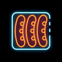 Neon sign showing three sausages glowing on black background vector