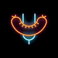 Neon sign representing sausage on a fork on black background vector