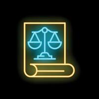 Neon sign showing scales of justice on a document for law concepts vector