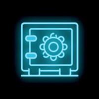 Glowing neon safe deposit box icon on a black background representing security and protection vector