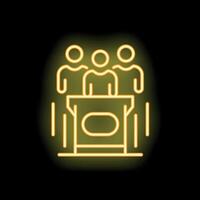 Three business people standing behind podium with microphone neon sign on black background vector