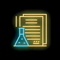 Neon icon of erlenmeyer flask standing next to papers representing scientific research vector