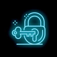 Glowing neon key unlocking padlock on black background vector