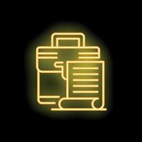Neon icon of a printer printing documents with yellow glowing lines on a black background vector