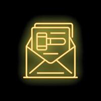 Neon yellow mail enveloppe containing legal documents icon glowing on black background vector