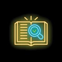 Neon icon of magnifying glass validating information in open book vector