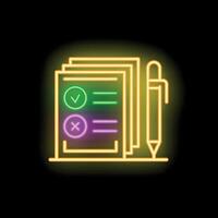 Neon icon of survey form with check and cross marks and pen vector