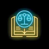 Neon icon of open law book with scales of justice symbol vector