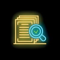 Neon icon of magnifying glass verifying documents with check mark vector
