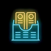 Neon icon of archive documents folder glowing in blue and yellow vector