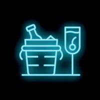 Neon style icon showing bottle cooling in ice bucket and cocktail glass vector
