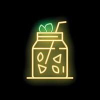 Neon sign depicting refreshing mason jar drink with ice, straw, and mint leaves vector
