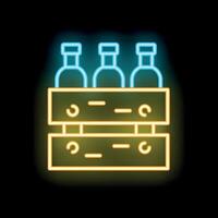 Neon sign of beer bottles in wooden crate glowing on black background vector