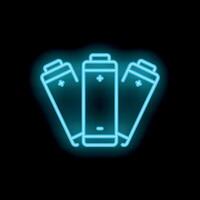 Blue neon sign of three batteries forming a triangle on a black background vector