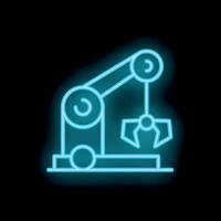 Neon sign of a robot arm holding something with a mechanical claw in blue vector
