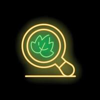 Neon icon of magnifying glass focusing on green leaves symbolizing nature exploration vector