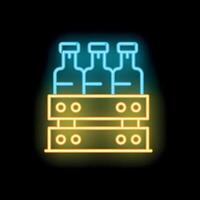 Neon sign of beer bottles in wooden crate on black background vector