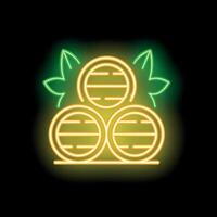 Glowing neon sign of three wooden barrels and hops for beer production vector