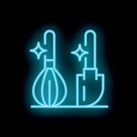 Blue neon sign showing a whisk and a spatula glowing on black background vector