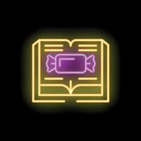 Neon sign of open book with candy appearing from pages vector