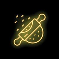 Neon icon of rolling pin flattening dough on black background vector