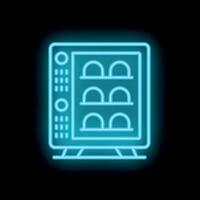 Neon icon of a vending machine offering snacks and drinks on a dark background vector