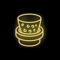Neon sign of a reusable coffee filter standing on a stand on black background vector