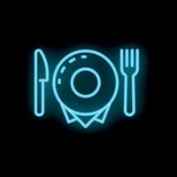 Glowing blue neon sign showing a plate with fork and knife on a dark background vector