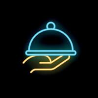 Neon sign of a hand holding a covered restaurant platter on a black background vector