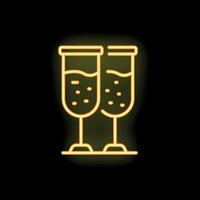 Two sparkling champagne glasses with bubbles celebrating new year's eve with neon light effect vector