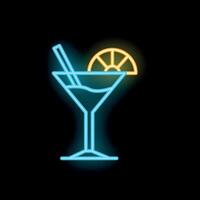 Neon cocktail glass with slice of orange and drinking straw shining in the dark vector
