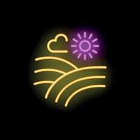 Neon sign representing rolling hills under cloudy sky with shining sun vector