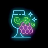 Neon sign showing glass of wine with grapes and swirls on black background vector