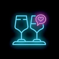Neon sign of two wine glasses with heart shape speech bubble representing romantic toast vector