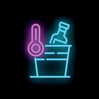 Neon icon of bottle cooling in bucket with thermometer vector