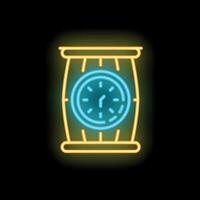 Neon sign depicting barrel with clock inside on black background vector