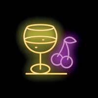Neon sign showing wine glass with cherry garnish on black background vector