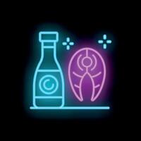 Glowing neon icon of salmon steak and soy sauce bottle on black background vector