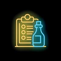 Glowing neon line clipboard with checklist and bottle of wine icon on black background vector