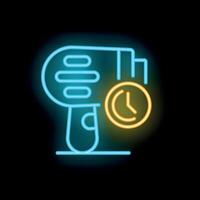Neon icon of hair dryer with timer showing styling time vector