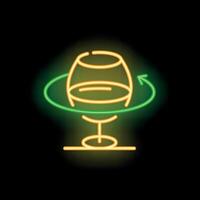 Neon icon of wine glass rotating on stand with arrow in yellow and green color scheme vector