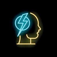 Neon sign representing brainstorming with head and lightning bolt vector