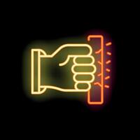 Hand holding vibrating object neon sign on black background vector