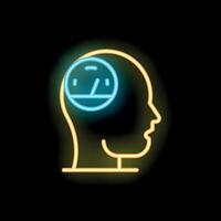 Neon sign of human head with speedometer symbolizing thinking speed on black background vector