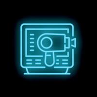 Neon icon of camera displaying on computer screen representing online broadcasting vector