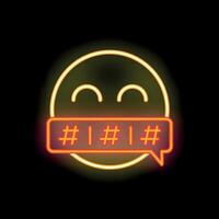 Neon emoticon hiding its mouth with hashtags in a speech bubble vector